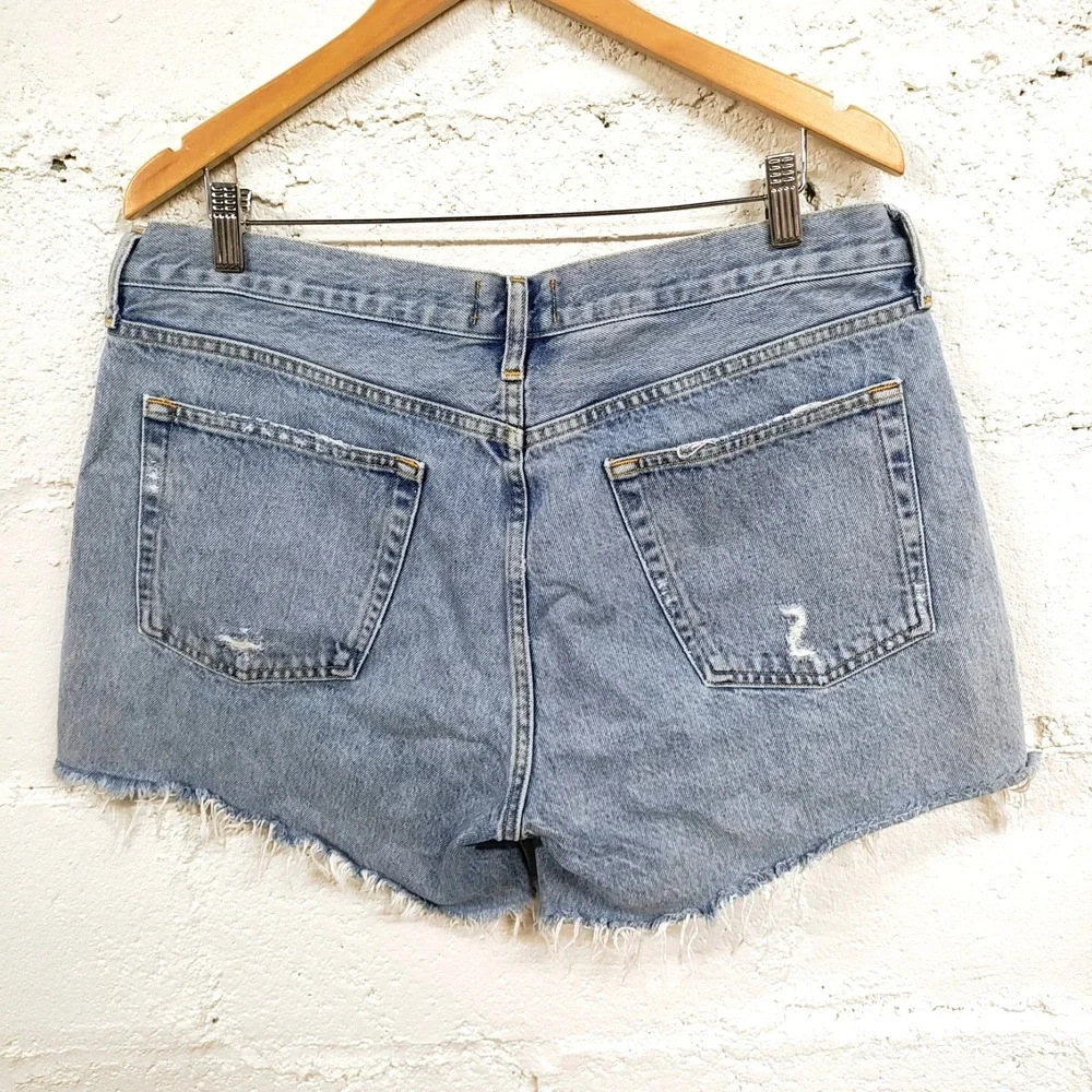 AGOLDE Parker Long Cut Off Jean Shorts 32 High Rise Button Fly Festival Denim